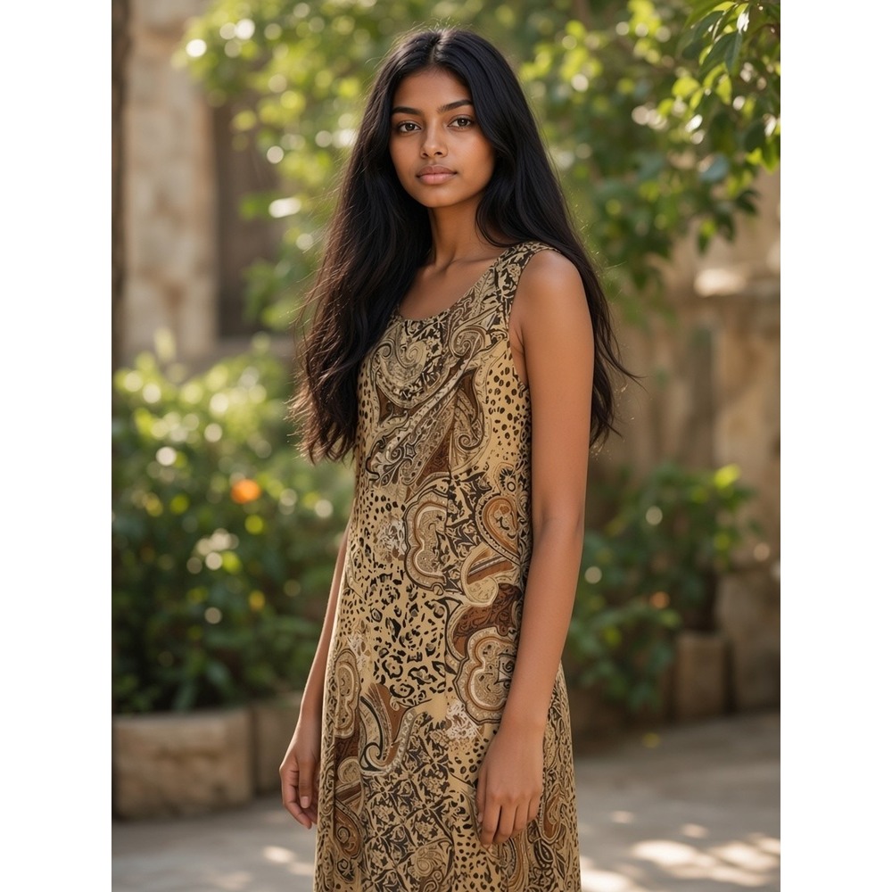 Premier International Dress Ladies L 14-16 Tan Paisley Animal Print Vintage 90s